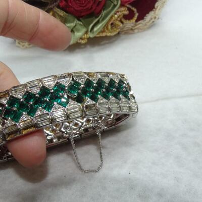 VINTAGE  Marcel Boucher Emerald Green Rhinestone Silver Tone Bracelet, w/locking chain, Signed & numbered 7755B