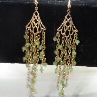 Gold Tone Filigree Drop Dangle Green Earrings