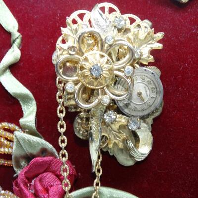 Victorian Style Cluster Brooch, Flowers, Clocks