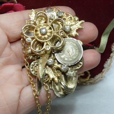 Victorian Style Cluster Brooch, Flowers, Clocks