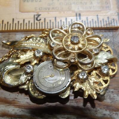 Victorian Style Cluster Brooch, Flowers, Clocks