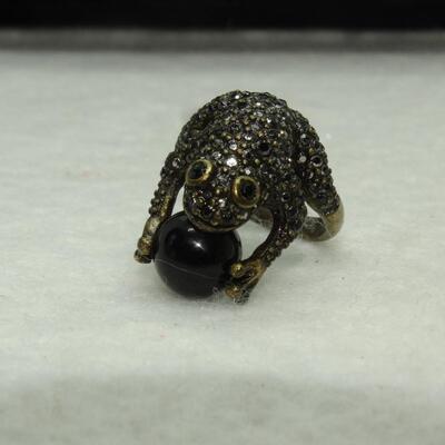 Gold & Black Tone Rhinestone Leap Frog Ring w/Ball
