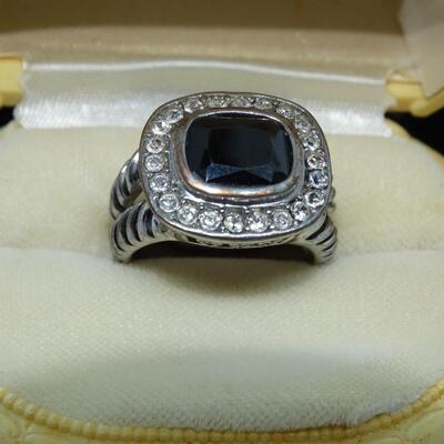 Silver Tone Rhinestone Blue Sapphire Statement Ring (not real)