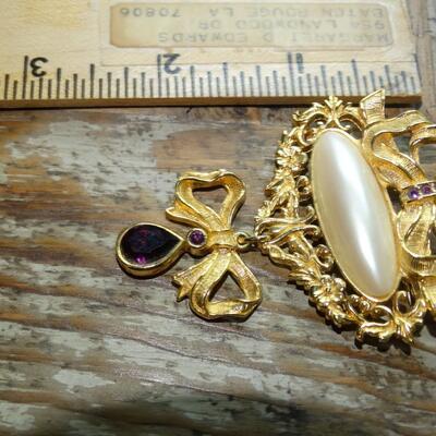 Gorgeous Gold Tone Pearl & Amethyst Colored Stone Brooch, Statement Jewelry