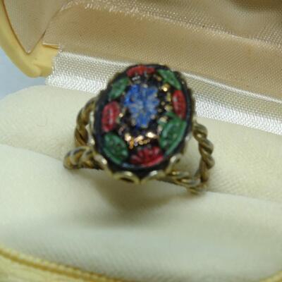 Gold Tone Glass Adjustable Ring - may be Czech