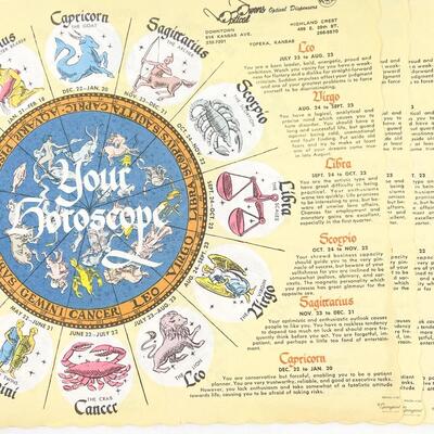 VINTAGE HOROSCOPE PAPER PLACEMATS (9) - FROM FORMER TOPEKA BUSINESS â€œOPTICAL OWENSâ€