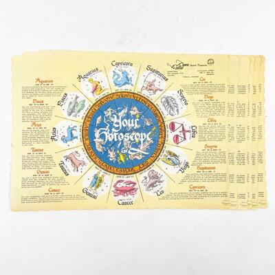 VINTAGE HOROSCOPE PAPER PLACEMATS (9) - FROM FORMER TOPEKA BUSINESS â€œOPTICAL OWENSâ€