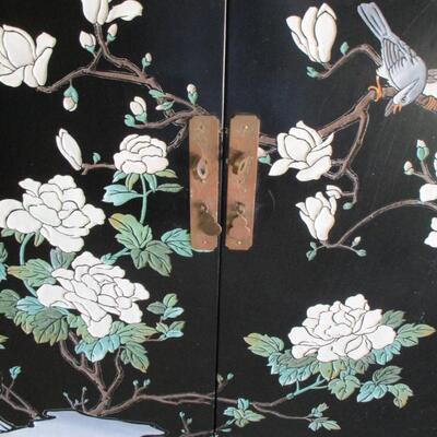 Black Lacquer Floral & Bird Engraved Cabinet