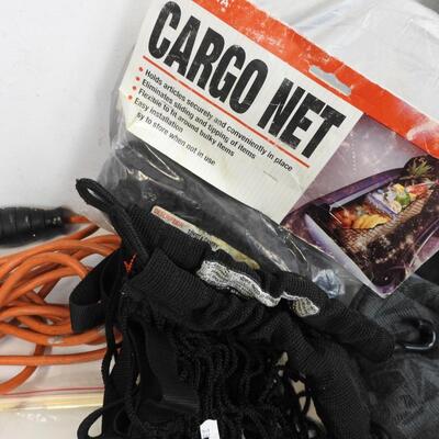 17 pc Automotive: Cargo Nets, Sockets, Shop Light, Funnel