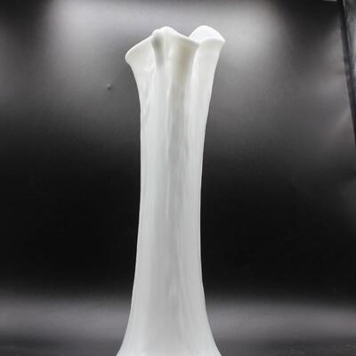 Vintage Retro Textured Imperial Milk Glass Ruffled Rim Slim Swung Vase