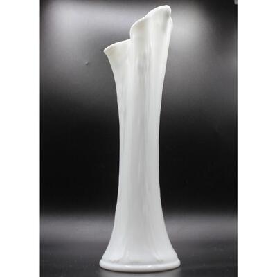 Vintage Retro Textured Imperial Milk Glass Ruffled Rim Slim Swung Vase