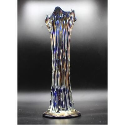 Antique Tree Trunk Textured Cobalt Blue Iridescent Art Carnival Glass Swung Vase