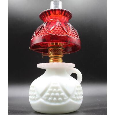 Vintage Imperial Milk & Ruby Red Glass Tulip & Cane Bundling Oil Lamp