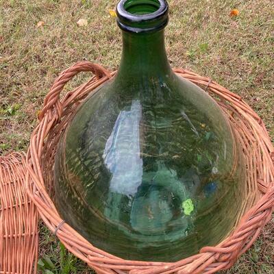 Large Antique Green Glass 26â€ Demijohn Vessel with Wicker â€œCrateâ€