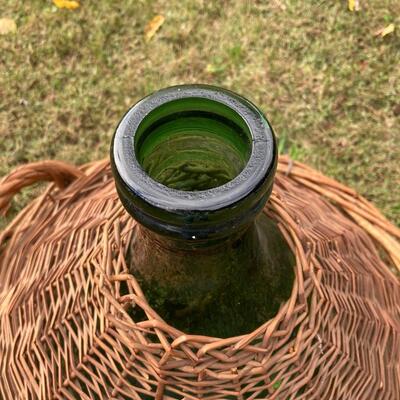 Large Antique Green Glass 26â€ Demijohn Vessel with Wicker â€œCrateâ€