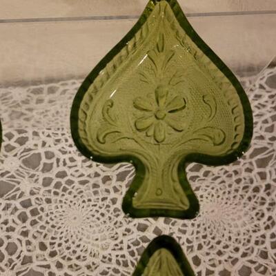 Lot 175: Vintage Green Glass Club, Spade, Heart and Diamond Little Dishes