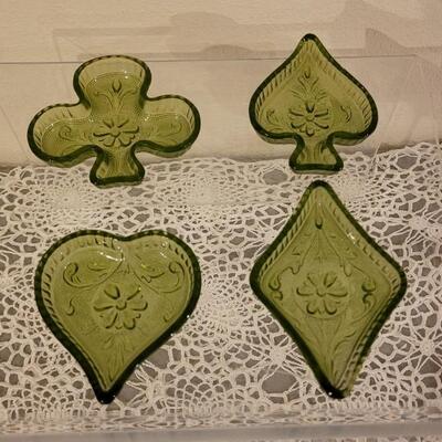 Lot 175: Vintage Green Glass Club, Spade, Heart and Diamond Little Dishes