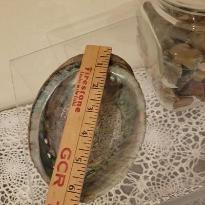 Lot 183: Large Jar of Shells, Medium Jar of Mixed Rocks & Shells and an Abalone Shell