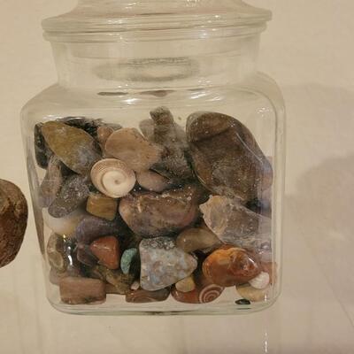 Lot 183: Large Jar of Shells, Medium Jar of Mixed Rocks & Shells and an Abalone Shell
