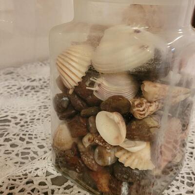Lot 183: Large Jar of Shells, Medium Jar of Mixed Rocks & Shells and an Abalone Shell