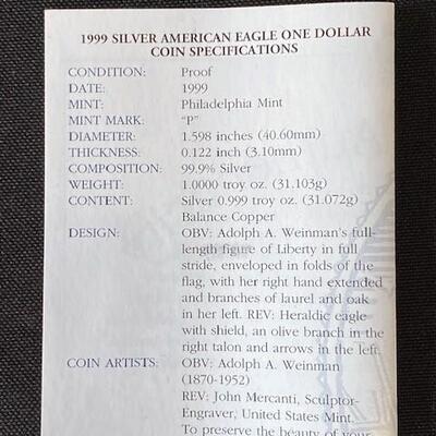 LOT#141: 1999-P American Silver Eagle Proof Lot #1