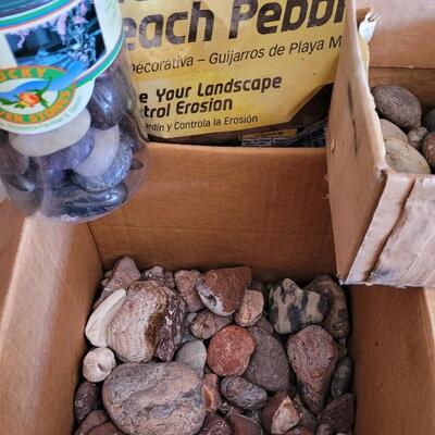 Lot 214: Mexican Beach Stone (Third of a Bag Full), Box of Mixed River Stones and Shell Fossils Mix, New Container of Lucky River Rock...