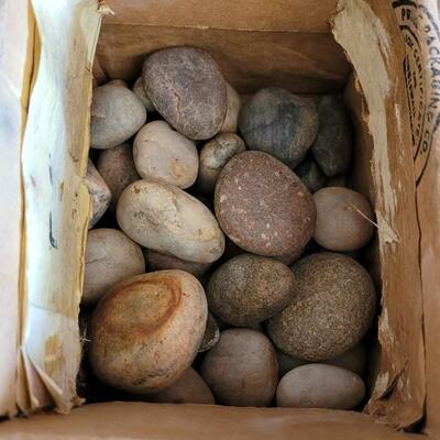 Lot 214: Mexican Beach Stone (Third of a Bag Full), Box of Mixed River Stones and Shell Fossils Mix, New Container of Lucky River Rock...