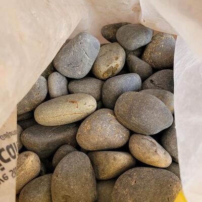 Lot 214: Mexican Beach Stone (Third of a Bag Full), Box of Mixed River Stones and Shell Fossils Mix, New Container of Lucky River Rock...