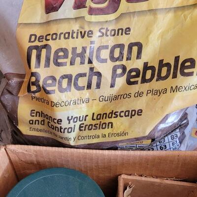Lot 214: Mexican Beach Stone (Third of a Bag Full), Box of Mixed River Stones and Shell Fossils Mix, New Container of Lucky River Rock...