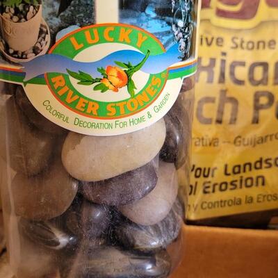 Lot 214: Mexican Beach Stone (Third of a Bag Full), Box of Mixed River Stones and Shell Fossils Mix, New Container of Lucky River Rock...