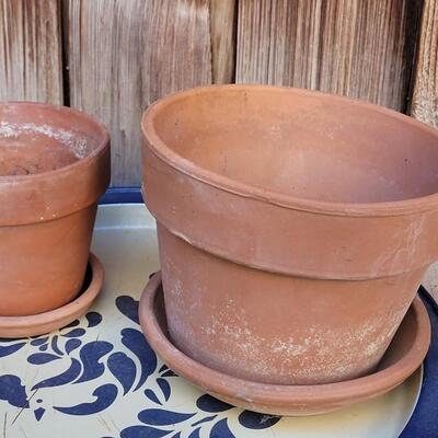 Lot 215: (2) Ceramic Planters (one made in Italy), Pfaltzgraff Metal Tray and Wood Planter Box with Drainage Hole