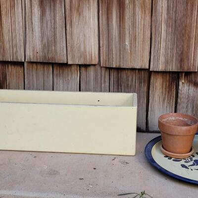 Lot 215: (2) Ceramic Planters (one made in Italy), Pfaltzgraff Metal Tray and Wood Planter Box with Drainage Hole