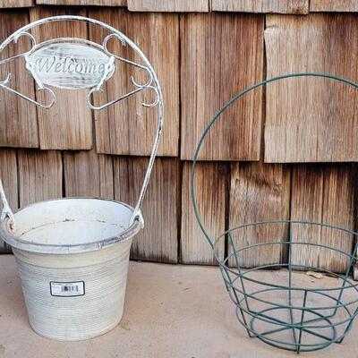 Lot 216: Vintage Plastic Welcome Basket and Green Metal Basket