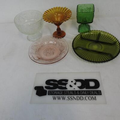 5 pc Glass Decor, Plates, Pedestal/Candy Dish, Colorful, Vinage?