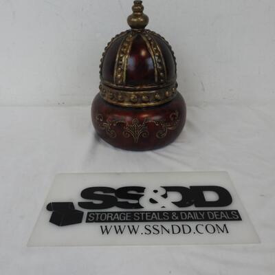 Red and Gold Circular Ceramic Box with Dome Lid, Floral Design