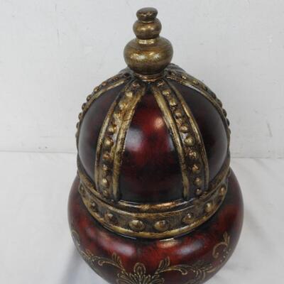 Red and Gold Circular Ceramic Box with Dome Lid, Floral Design
