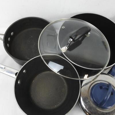 11 pc Kitchen: Pots and Pans, Brownie/Cake Pan, Stonware Mugs
