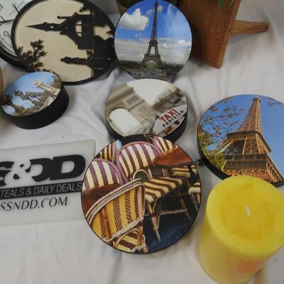 16 pc Decor: Potted, Circular Wall Photo's, Candle Holders, Wooden Shelf