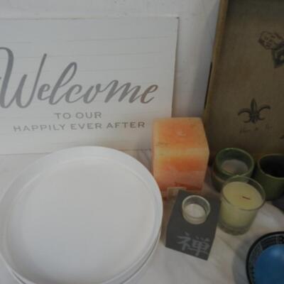 Home Decor: Candles and Small Pots, 2 Signs and a Poster, Small Cups