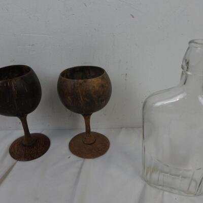 6 Mugs and Chalices, Glass Flask, Copper Mugs