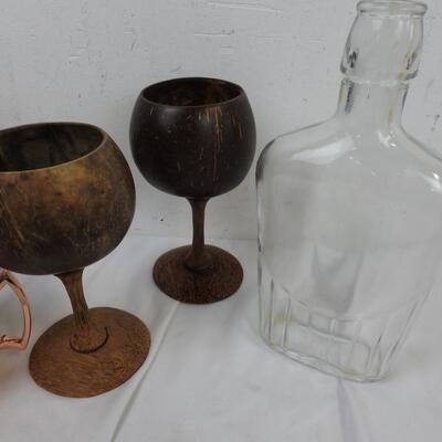6 Mugs and Chalices, Glass Flask, Copper Mugs