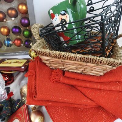 Holiday Christmas Decor: 4 Mugs, Baskets, Ornaments, Stockings, Big Santa Bowl