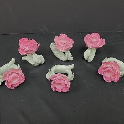 Porcelain Rose Napkin Ring Holders - 6