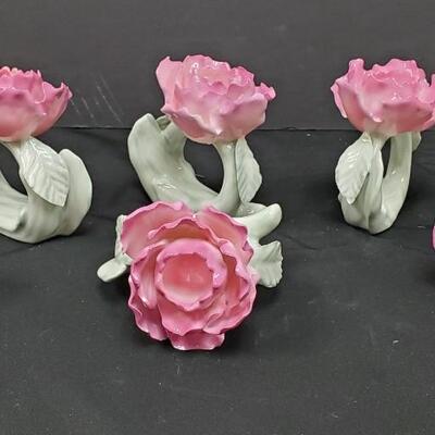 Porcelain Rose Napkin Ring Holders - 6