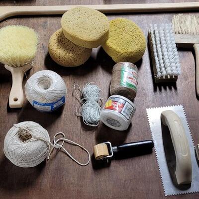 Lot 225: Sponges, Brushes, Twine, String and Tools for Hanging Wallpaper