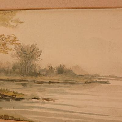 Lot 278: Antique Original Watercolor Artwork in Green Antique Frame- Missing Glass and Back of Frame