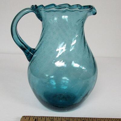 Blue Glass Pitcher With All Over Bubbles and Nice Pontil on Bottom