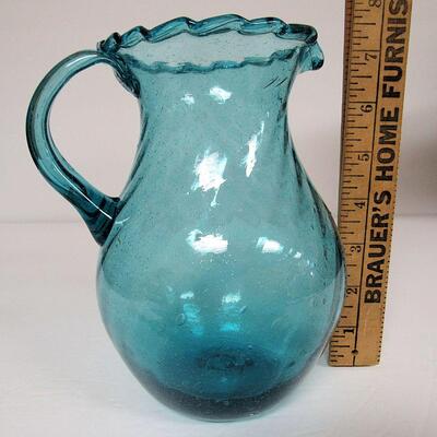 Blue Glass Pitcher With All Over Bubbles and Nice Pontil on Bottom