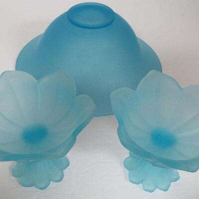 Blue Satin Glass Westmoreland Lotus Pair Candlesticks and Bowl, Unmarked