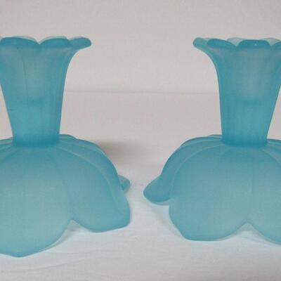 Blue Satin Glass Westmoreland Lotus Pair Candlesticks and Bowl, Unmarked